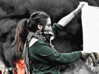 Girl holding banner during Chile student protest